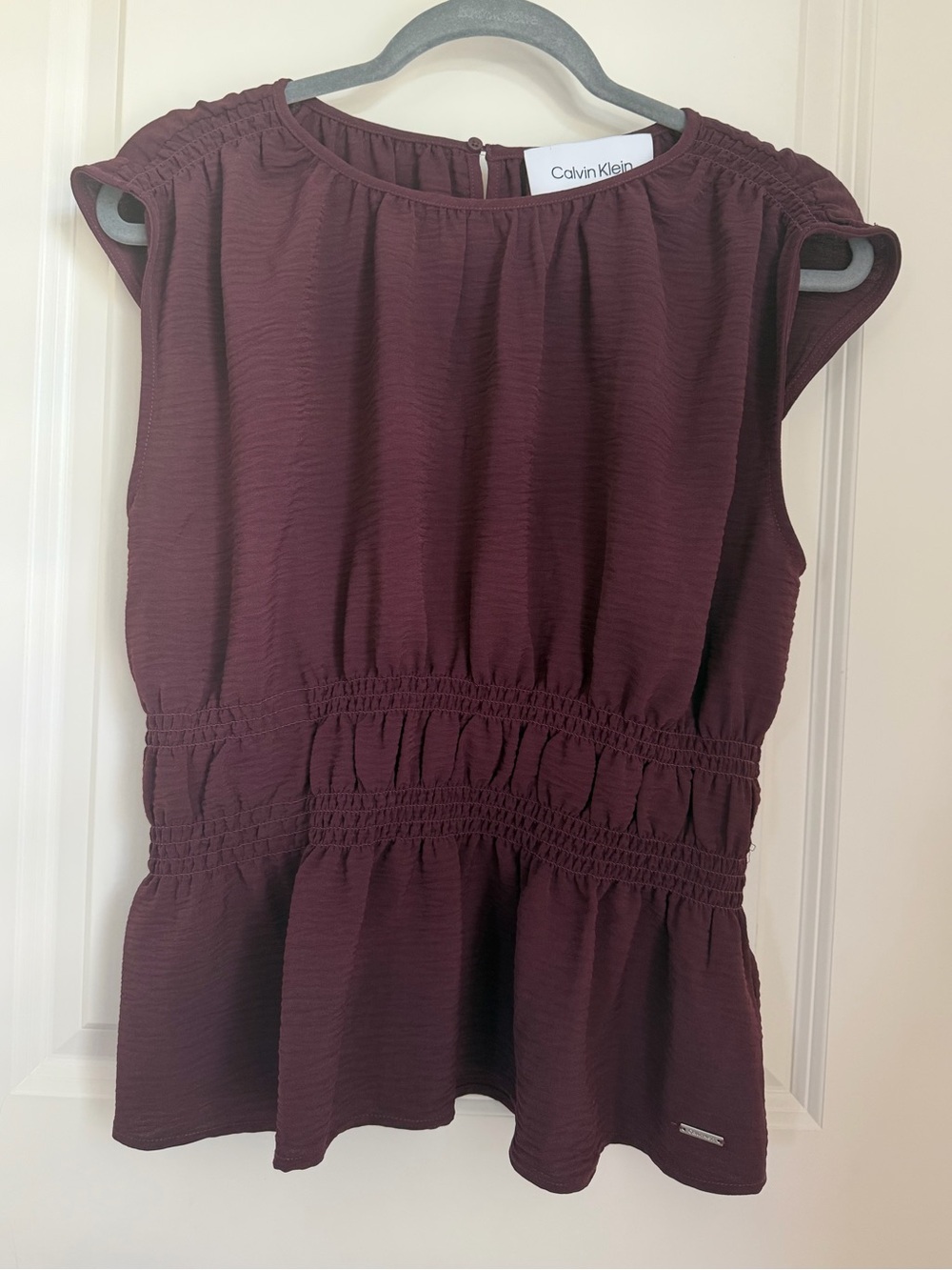 Calvin Klein Burgundy Smocked Waist Peplum Top